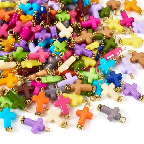 Vista 7 de Dijes de cruz para pulseras, colgantes de cruz de colores, dijes colgantes de cruz de religión para llavero de Pascua, manualidades, collares