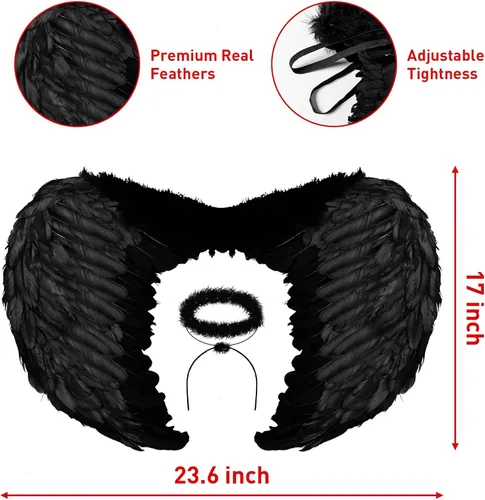 Vista 5 de YoleShy Diadema de alas de ángel negras y aureola de Halloween disfraz de alas negras para mujeres adultas alas de diablo de plumas de primera