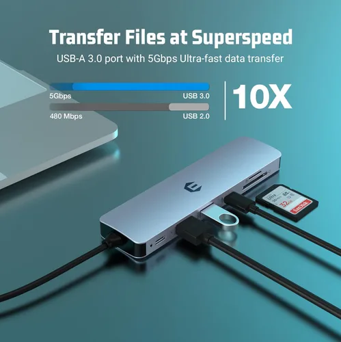Vista 6 de Hub USB C, adaptador de concentrador oditton 7 en 1, salida HDMI, entrega de energía de 100 W, USB C 3.0, puertos USB 3.0 duales, lector de tarjetas