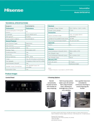 Vista 4 de Hisense Deshumidificador de 50 pintas con bomba incorporada de 3 velocidades, 3 modos (Auto, Continuo, Manual), pantalla LED, nivel de ruido 48 dB