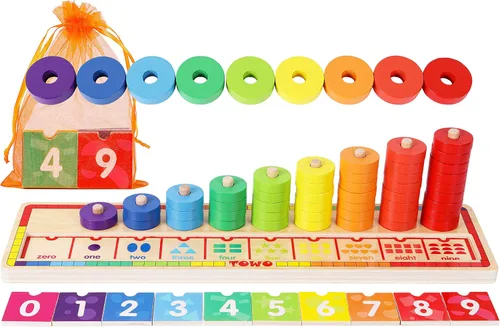 Vista 8 de TOWO - Juego de anillos apilables de madera, apilador de anillos de conteo 15 piezas