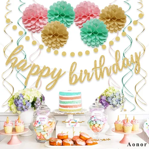 Vista 3 de Decoraciones de feliz cumpleaños rosa y dorado – Cartel dorado de feliz cumpleaños, flores con pompones, guirnalda de puntos circulares brillantes
