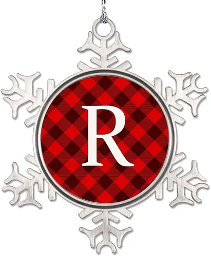 Vista 24 de Adorno de copo de nieve de letra A con inicial de copo de nieve, adorno de monograma a cuadros rojos para decoración de árbol de Navidad, adornos