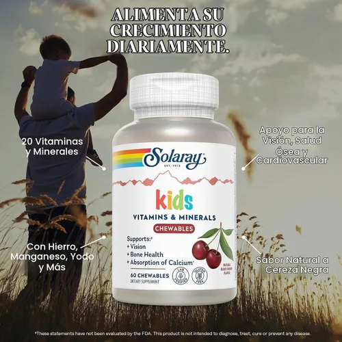 Vista 3 de SOLARAY Vitaminas y minerales completos para niños, cereza negra (60 masticables, 30 porciones)