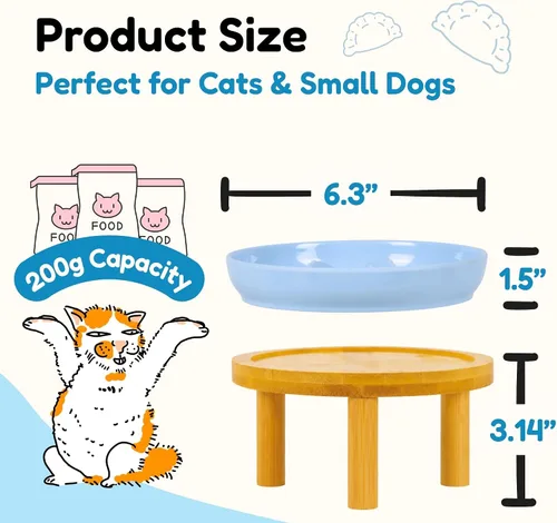 Vista 2 de Cuencos elevados de cerámica para gatos con soporte de bambú, platos elevados de comida para mascotas para gatos y perros pequeños, comedero