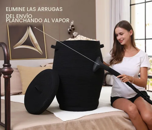 Vista 9 de Cesta de lavandería tejida extra grande de 26 x 20 pulgadas con tapa, cesta de almacenamiento de manta de cuerda de algodón, contenedor decorativo