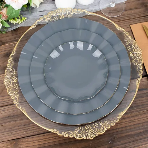 Vista 143 de Tableclothsfactory Paquete de 10 platos redondos de plástico negro de 6 pulgadas para ensalada de postre, platos desechables con borde ondulado