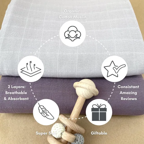 Vista 7 de MOZAH Mantas de muselina orgánica, 100 % algodón para niñas y niños, manta receptora, paquete de 2 mantas para envolver al bebé para guardería Malva
