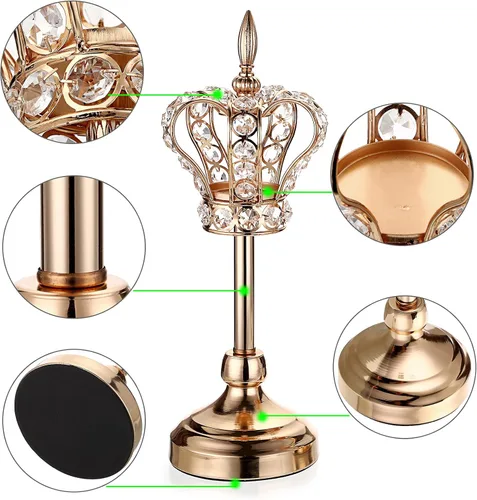 Vista 4 de OwnMy 2 portavelas de corona de cristal, portavelas de metal, candelabros votivos de cristal dorado, elegante portavelas para mesa de comedor, 14