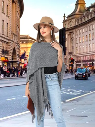 Vista 31 de Soul Young - Chal de punto para mujer, poncho con flecos y capa