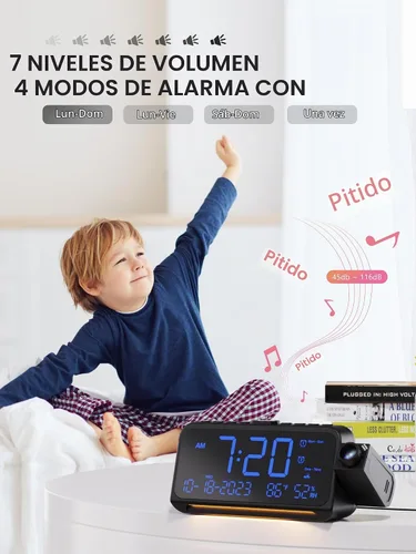 Vista 5 de Mesqool Reloj despertador de proyección para techo de dormitorio, reloj digital con modo de días laborables/fines de semana, fecha, temperatura