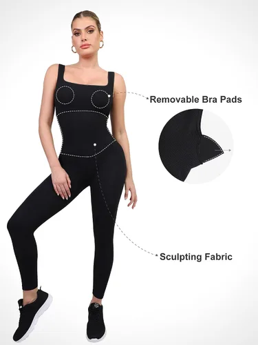 Vista 2 de Popilush Jumpsuits for Women Built-In Bra Rompers Seamless Ribbed Outfits Yoga Sleeveless Workout Set