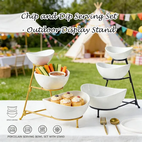 Vista 4 de Gomakren - Juego de cuencos ovalados de 3 niveles, soporte plegable de metal negro Multi-capacity porcelain bowls holiday party display, stable