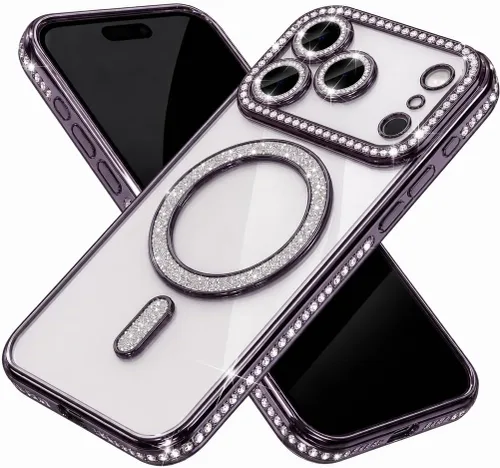 Vista 9 de Funda magnética con purpurina y diamante para iPhone 11 [Compatible con MagSafe] Protector de lente de cámara con brillo de strass, placa de cristal