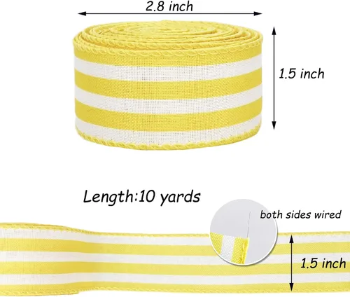 Vista 2 de Leecogo Cinta de Pascua con alambre, 1-1/2 x 10 yardas, cinta de rayas amarillas para Pascua, Navidad, corona, primavera, verano, boda, baby shower