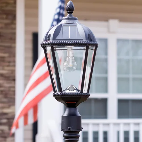 Vista 7 de Gama Sonic Lámpara solar para exteriores, aluminio fundido negro y paneles de vidrio biselado, bombilla real de 10 años, LED blanco cálido