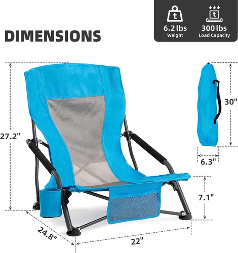Vista 2 de Silla de playa plegable portátil para adultos, juego de 2, silla ligera con respaldo bajo con soporte para tazas y bolsillo de almacenamiento, silla