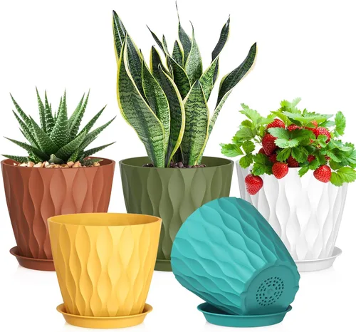 Vista 14 de Meowell Macetas pequeñas de plástico de 4 pulgadas, macetas de plántulas, juego de 5 macetas de ondas de agua para plantas de interior, macetas