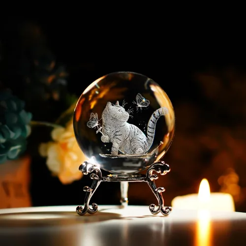 Vista 2 de Bola de cristal de gato 3D con soporte grabada con láser, figura de gatito para regalo