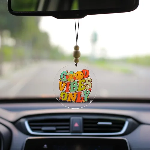 Vista 4 de Talataca Good Vibes Only - Adorno plano 2D para automóvil y cuentas de madera, retro vintage feliz cara sonriente con cuentas accesorios para espejo