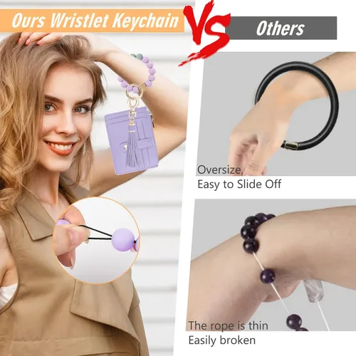 Vista 5 de Cartera llavero pulsera para mujer, delgado RFID tarjeta de crédito, monedero, borla llavero brazalete para hombres y mujeres, Púrpura