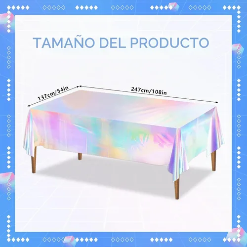 Vista 3 de 2 manteles iridiscentes desechables de plástico iridiscente, manteles de plástico holográfico, decoraciones de fiesta iridiscente para fiestas