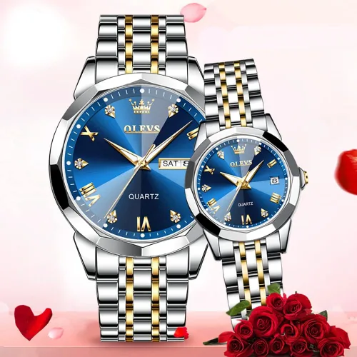 Vista 44 de OLEVS Reloj para parejas para él y ella, reloj analógico de cuarzo para hombres y mujeres, de acero inoxidable, impermeable, luminoso, fecha, reloj