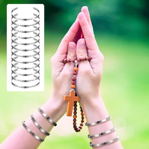 Vista 4 de Funtery 12 pulseras cristianas grabadas con versículos de la Biblia, regalo de Pascua para mujeres, bautismo religioso, escritura inspiradora