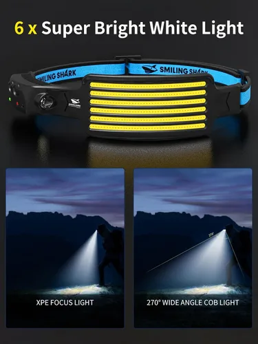 Vista 3 de Smiling Shark Linterna frontal recargable, paquete de 2 unidades, ángulo amplio, 6 luces blancas, la lámpara de cabeza LED más brillante con sensor