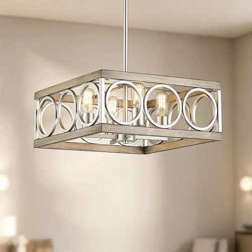 Vista 17 de XINGQI Modernas lámparas de araña para comedor, lámpara colgante rústica geométrica de granja de 31 cm, lámpara de techo de metal negro de 4 luces
