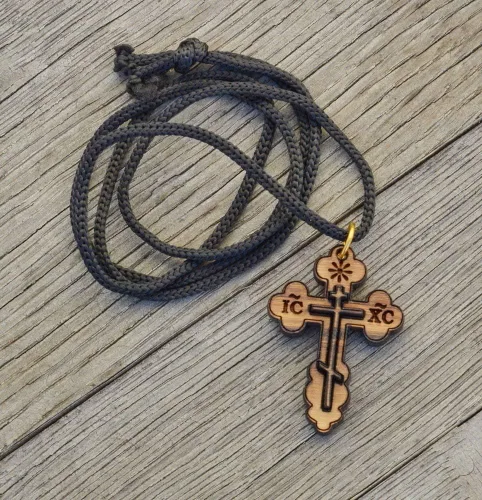 Vista 6 de Collar ortodoxo con cruz de madera de olivo de San Nicolás del Este en bolsa de algodón, certificado de Belén, collar de cruz de madera para hombres