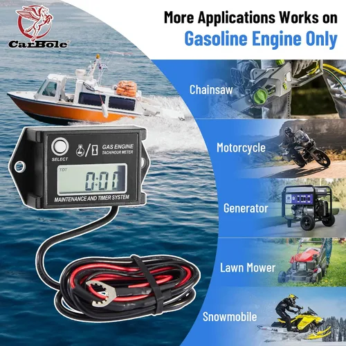 Vista 5 de CarBole Tacómetro Digital de Horas, Tacómetro de Horas para Motor Pequeño, Medidor de Calibre RPM para Cortacésped, Esquís, Moto de Cross, Barco