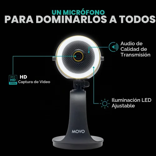 Vista 3 de Movo WebMic HD Pro - Cámara web todo en uno con micrófono y anillo de luz, cámara HD de 1080p, micrófono de condensador cardioide profesional