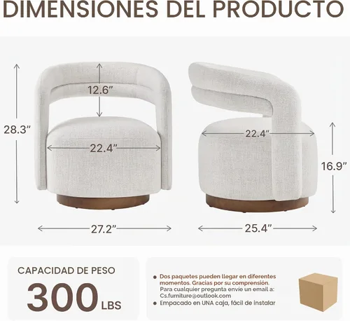 Vista 2 de Silla giratoria decorativa, silla de barril tapizada con diseño de respaldo abierto, silla moderna con base de madera para sala de estar Crema