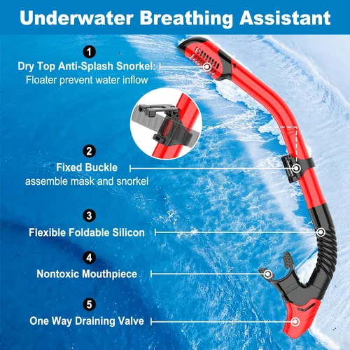 Vista 4 de Equipo de esnórquel para adultos, conjunto de esnórquel máscara de buceo con tubo seco superior, gafas de natación para adultos con cubierta