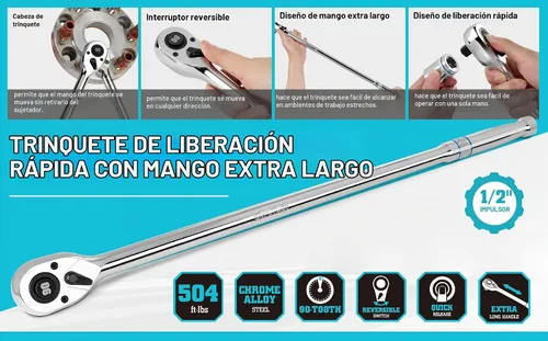 Vista 3 de DURATECH Trinquete de accionamiento de mango extra largo de 1/2 pulgada, llave de trinquete de 90 dientes