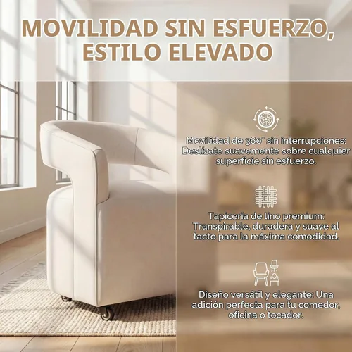 Vista 7 de DUOMAY Silla de comedor tapizada moderna con ruedas giratorias, juego de 1, silla auxiliar con respaldo de barril de lino, silla de tocador