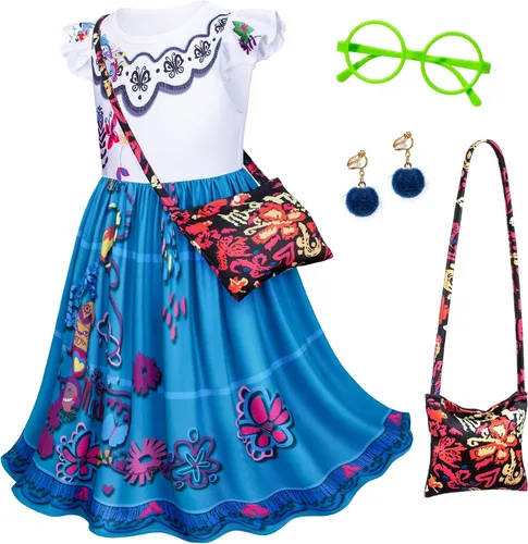 Vista 9 de Encanto Mirabel Isabella - Vestido de disfraz para niñas, cumpleaños, Halloween, con accesorios, Azul, verde