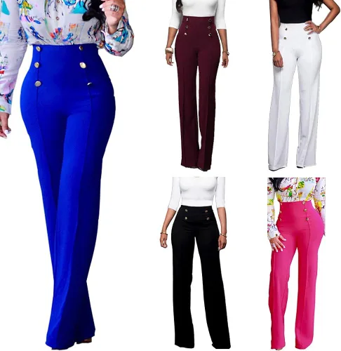 Vista 6 de Lucuna Pantalones largos elásticos de cintura alta para mujer corte holgado para trabajo de oficina con cinturón