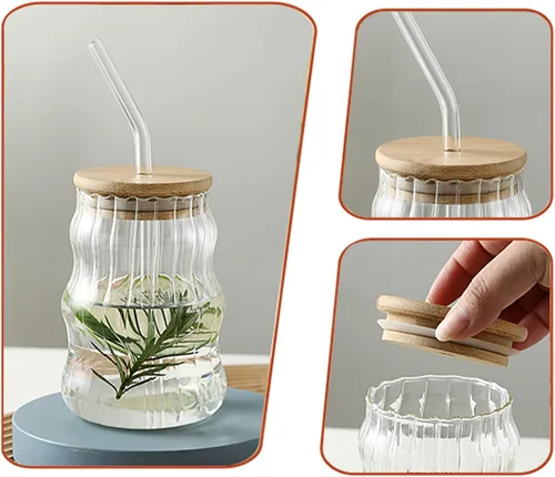 Vista 6 de Paquete de 2 vasos para beber con tapas de bambú y popote de vidrio de 17 onzas con ondas creativas, vasos de vidrio para café helado, refrescos