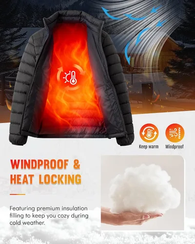 Vista 4 de WHN Chaqueta acolchada para hombre, ligera, impermeable, resistente al viento, cuello alto, con cremallera completa, con 3 bolsillos
