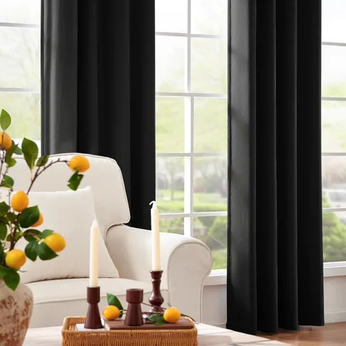 Vista 2 de jinchan Cortinas opacas con textura de lino negro para dormitorio, sala de estar, 2 paneles de 84 pulgadas de largo, con aislamiento térmico