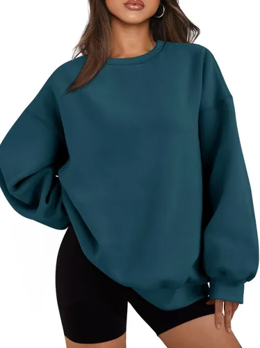 Vista 20 de EFAN Sudaderas de gran tamaño para mujer, cuello redondo, casuales, para Albaricoque