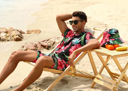 Vista 5 de EISHOPEER Conjunto hawaiano de flores para hombre, camisa de manga corta y pantalones cortos, trajes con sombreros de pescador