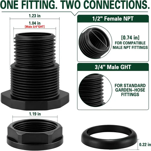 Vista 2 de Adaptador de mamparo, manguera de jardín roscada macho de 3/4 pulgadas GHT x 1/2 pulgada hembra NPT conector de tanque de agua de doble rosca