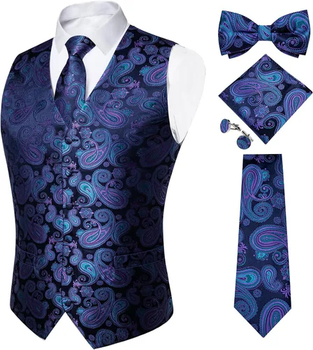 Vista 10 de DiBanGu Conjunto de 5 chalecos de seda con corbata y corbatín para hombre Paisley oro negro