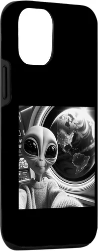 Vista 3 de iPhone 14 lindo alienígena divertido negro y blanco selfie UFO Earth caso