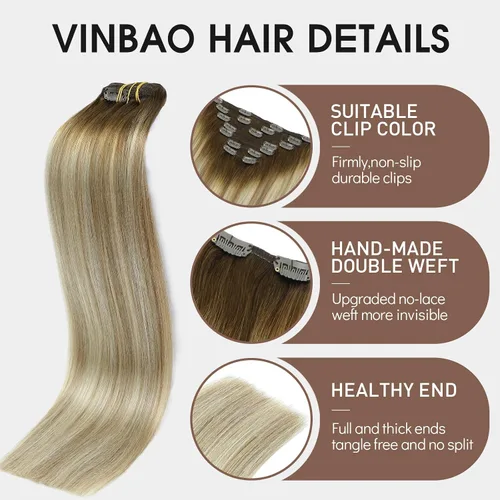 Vista 83 de VINBAO Extensiones de cabello humano con clip, balayage, color marrón ceniza a rubio caramelo, 14 pulgadas, 6 unidades, 3.53 onzas, 6