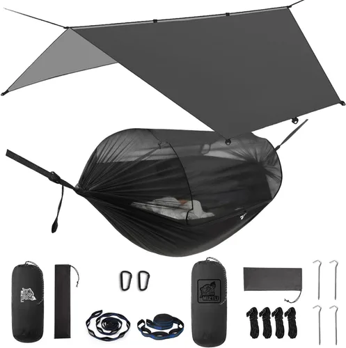 Vista 12 de Miztli Hamaca de camping – Hamaca portátil con amplia red y correas de árbol con bucles ajustables, hamaca doble e individual para exteriores