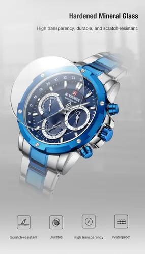 Vista 6 de NAVIFORCE Relojes deportivos para hombre, de acero completo, reloj de cuarzo para hombre, fecha, semana, resistente al agua, reloj militar